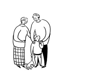 小さい子供と悲しむシニア男性と女性、孫と祖父母、線画（横、左配置）