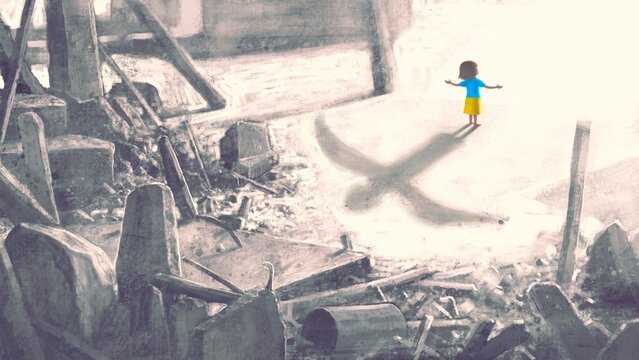 Conceptual surreal art of peace, war and hope. Painting 3d illustration of a girl with a bird shadow and broken building. Concept artwork. freedom of child.