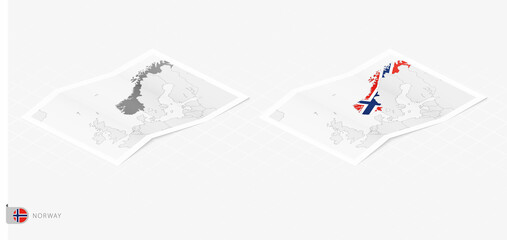 Set of two realistic map of Norway with shadow. The flag and map of Norway in isometric style.
