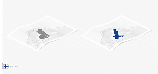 Set of two realistic map of Finland with shadow. The flag and map of Finland in isometric style.