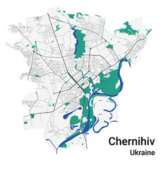 Chernihiv vector map. Detailed map of Chernihiv city administrative area. Cityscape panorama illustration. Road map with highways, streets, rivers.