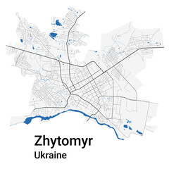 Fototapeta premium Zhytomyr vector map. Detailed map of Zhytomyr city administrative area. Cityscape panorama illustration. Road map with highways, streets, rivers.