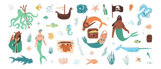 A Pirate and mermaids set. An Adventure map, a old ship, a pirate flag, a trunk box with treasure, a skull, sea monster.