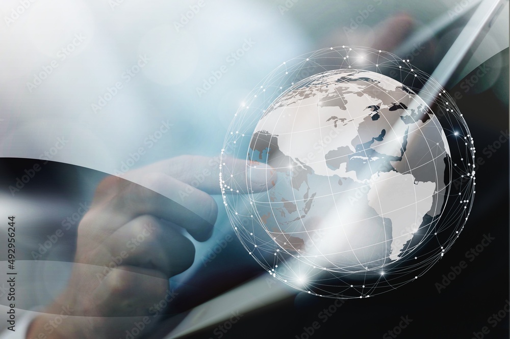Poster man using digital tablet and laptop with global network illustration. internet network technology, d