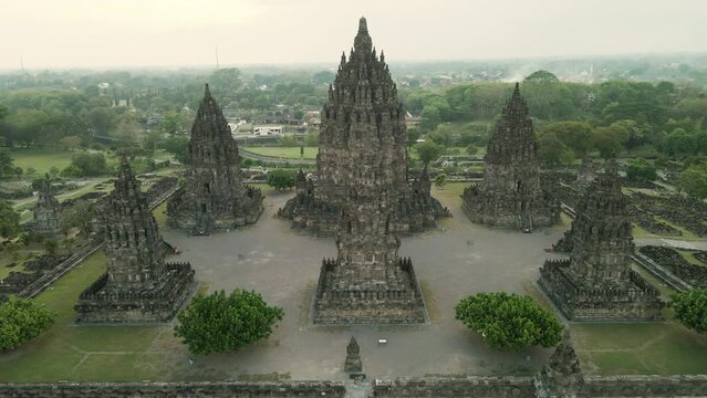 Candi Prambanan Temple in Java Indonesia, Aerial Shot