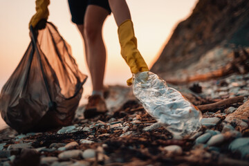 Close up of volunteer's hands with plastic bag picks up a dirty bottle. The concept of Earth Day...