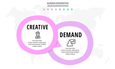 Vector modern infographics with 2 circles. Business concept graphic process template with two steps and arrows. Graphic timeline for a project on white background