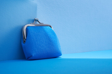 ble coin purse against blue background