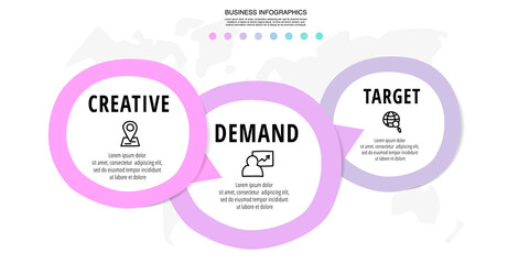 Vector modern infographics with 3 circles. Business concept graphic process template with three steps and arrows. Graphic timeline for a project on white background