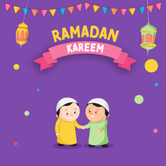 Ramadan Kareem Celebration Poster Design With Islamic Boys Holding Hands Each Other, Arabic Lanterns Hang And Bunting Flags On Purple Background.