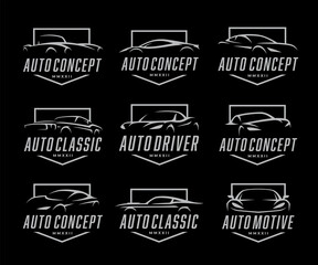 Sports car logo icon set. Motor vehicle auto dealership badge collection. Automotive supercar garage symbols. Vector illustration. - obrazy, fototapety, plakaty