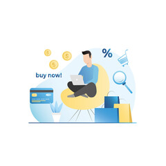 Man in armchair searches, buys goods on laptop, places order in online store for promotion, discount, sale. Contactless payment by credit card, NFC system, cash. Delivery of purchases in paper bags.