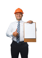 Young engineer or architect presenting work with clipboard and smiling happy .copy space isolated on white background with clipping path.