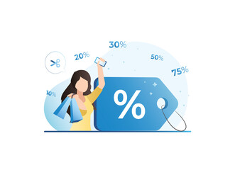 Happy girl rejoices at big discount coupon of different percentages in smartphone, shows positive hand gesture, super, approval. Woman buys goods, things in store for promotions, sale on Internet.