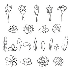 Set of flowers line art. Isolated vector collection of plant elements