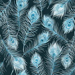 Beautiful seamless pattern with watercolor hand drawn blue peacock feathers. Stock illustration.