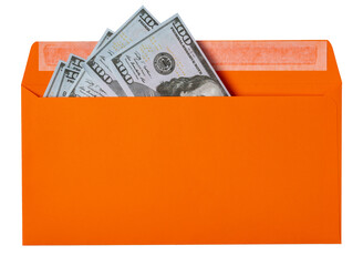 Money dollars in paper envelope on a white background