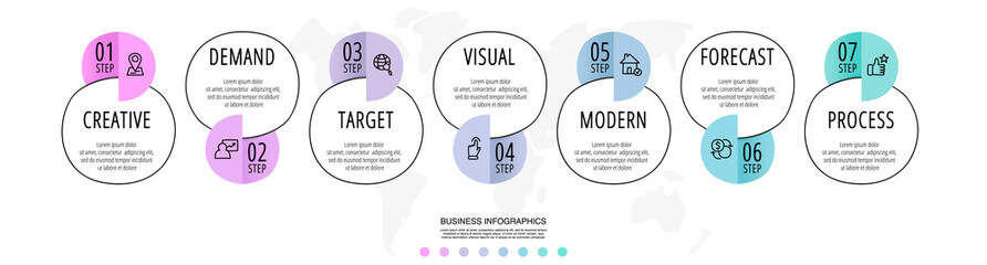 Business vector infographics with seven circles. Hand drawn timeline visualization with 7 steps for diagram, flowchart, banner, presentations, web, content, levels, chart, graphic