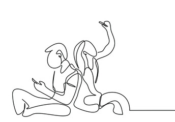 Friends standing back to back are trying to get their phones to receive wifi. young people hanging out on social media