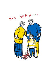 怪我をした小さい子供とシニア男性と女性、孫と祖父母、カラー（縦、中央配置）
