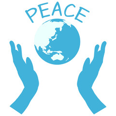 地球と広げた手、モノトーンイラスト、PEACEの英字