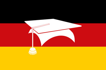 Deutsche Nationalfahne mit einem Doktorhut. Konzept Ausbildung und Studium in Deutschland - obrazy, fototapety, plakaty