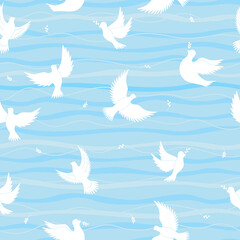 Seamless flying dove vector. Dove of Peace with twigs.