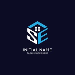 Initial logo SE monogram with abstract house hexagon shape, clean and elegant real estate logo design