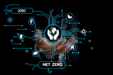 Businessman touching net zero save the eco world and reduce pollution virtual screen. virtual...