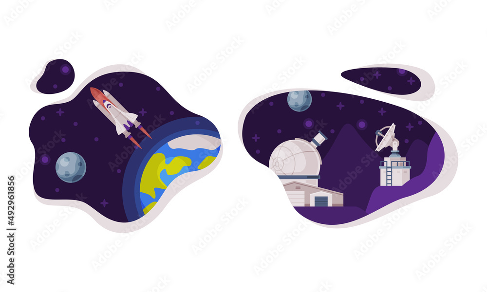 Poster space industry exploration. space rocket launch and observatory building cartoon vector illustration