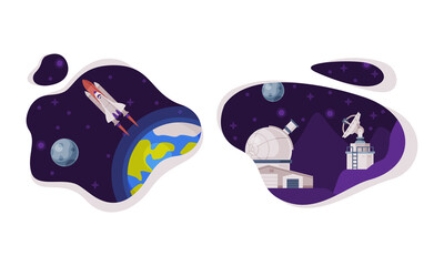 Space industry exploration. Space rocket launch and observatory building cartoon vector illustration