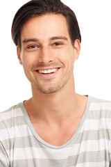 Obraz premium Share the secret of youthful exuberance. Closeup of a laughing young man in a striped t-shirt, isolated on white - copyspace.