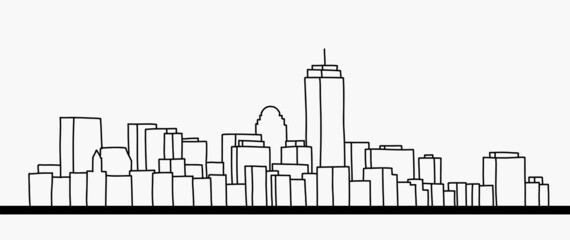 modern cityscape skyline outline doodle drawing on white background.
