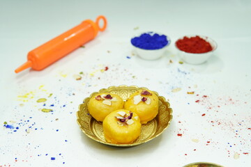 Front Shot Of Mini Kesar Balushahi with Pickari and Colour