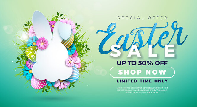 Easter Sale Illustration with Color Painted Egg, Spring Flower and Rabbit Face Shape on Light Green Background. Vector Easter Holiday Design Template for Coupon, Web Banner, Voucher or Promotional