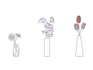 花瓶に入ったチューリップとスイートピーとマーガレットの手描きペン画風シンプル春イラスト