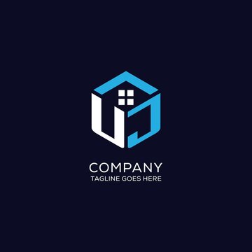 Initial logo UJ monogram with abstract house hexagon shape, clean and elegant real estate logo design