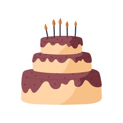 Birthday cake with candles. Sweet party dessert with chocolate cream, dripping glaze and sponge layers. Abstract festive dish, sugar food. Flat vector illustration isolated on white background