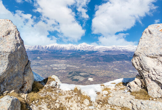 Monte Ocre e Cagno (Campo Felice, Italy) - The suggestive mountain peak in Abruzzo region, Ocre and Cagno summit mount range, during the winter with snow