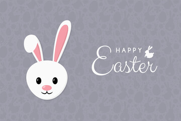 Happy Easter. Cute bunny on gray background with pattern. Banner. Vector