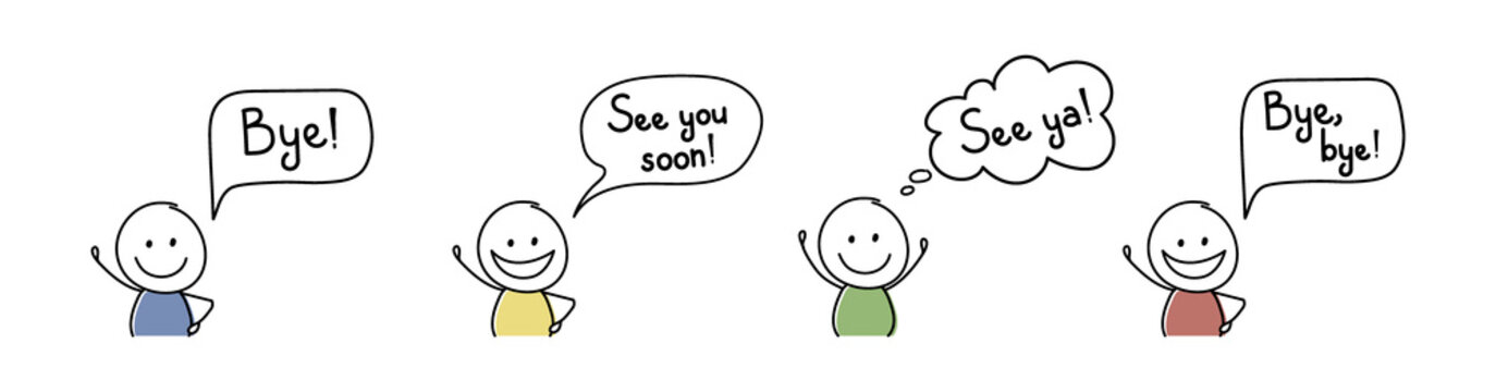 Smiley hand drawn character with text - bye, see ya, see you soon. Vector