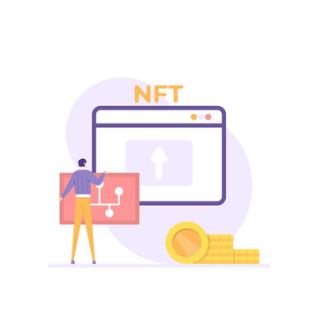 NFT or Non-Fungible Token business concept. upload digital works. illustration of people publishing an NFT digital art. flat cartoon style. vector illustration designs. elements, ui, characters