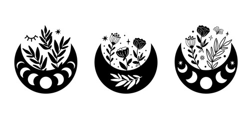 Obraz premium Moon phase flowers set. Floral moon collection. Moon phase flowers. Vector floral moon. Black crescent floral graphic element. Celestial boho drawing illustration. Astrology sign. Ramadan symbol.