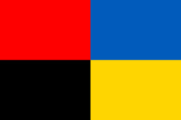 Left: flag of Organization of Ukrainian Nationalists (red and black). Right: state flag of Ukraine (yellow and blue). Stand with Ukraine!
