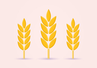 Wheat 3d icon. Grain, barley, cereal plant sign. Agriculture symbol. Vector illustration.