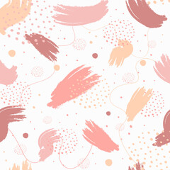 Seamless abstract pattern with strokes, dots, lines. Chaotic paint strokes vector illustration. Vector pattern in peach and pink colors
