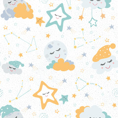 
Seamless baby pattern with cute moon, stars and constellations. An illustration with a hand-drawn cute moon and stars. Baby Wallpapers Wallpapers for baby