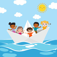 Children sailing with origami boat on the sea. Flat vector cartoon design