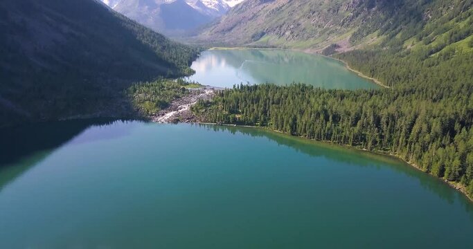 Panoramic aerial view of famous natural attraction of Altai and Russia - the Multa Lake. National park and outdoor recreation background