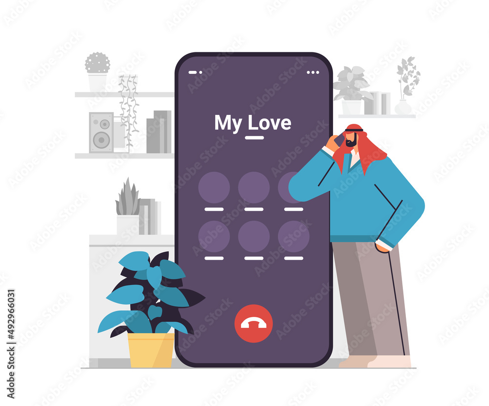 Poster man talking by smartphone with girlfriend communication conversation phone call speaking calling cha